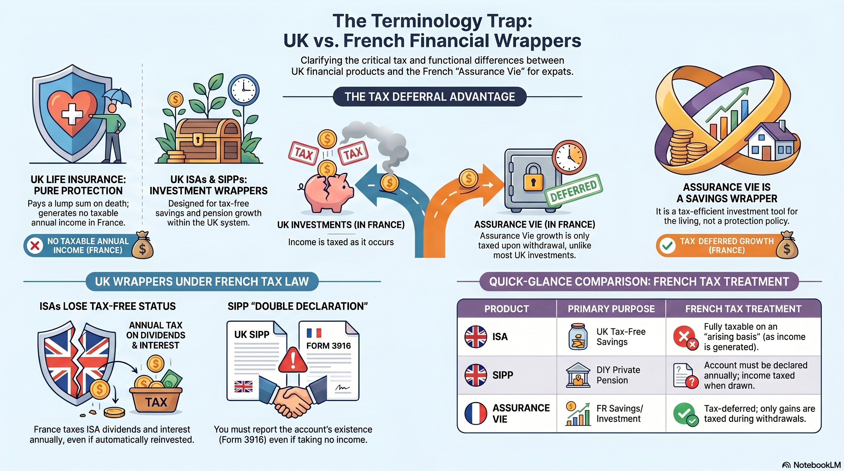 Comparison of UK vs French financial wrappers: ISA, SIPP, life insurance and Assurance Vie — tax treatment for UK expats in France